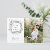 zwarte witte elegant floral two Photo Save the Dat Kaart (Staand voorkant)