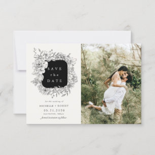 zwarte witte elegant floral two Photo Save the Dat Kaart