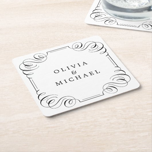 Zwarte witte elegant florerende kalligrafie kartonnen onderzetters (Schuin)