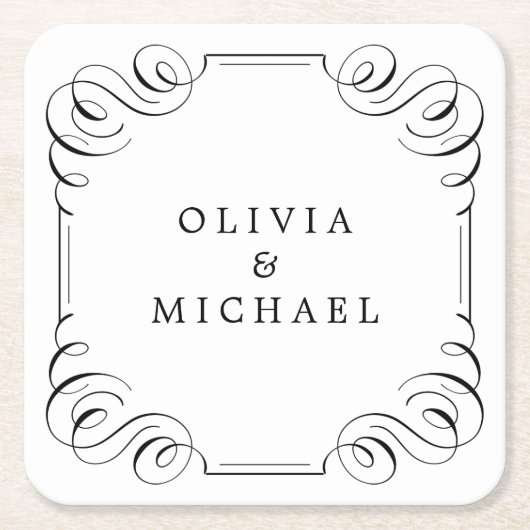 Zwarte witte elegant  florerende kalligrafie kartonnen onderzetters (Voorkant)