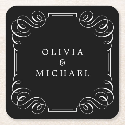 Zwarte witte elegant  florerende kalligrafie kartonnen onderzetters (Voorkant)