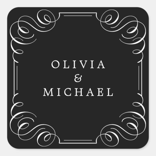 Zwarte witte elegant florerende kalligrafie vierkante sticker (Voorkant)