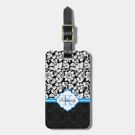 Zwarte witte en blauwe Floral Damaskers Bagagelabel (Voorkant verticaal)