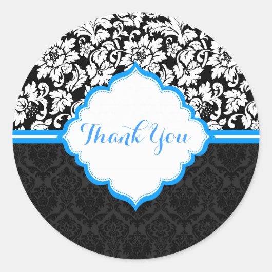 Zwarte witte en blauwe  Floral Damaskers Ronde Sticker (Voorkant)