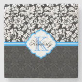 Zwarte witte en blauwe Floral Damaskers Stenen Onderzetter (Voorkant)