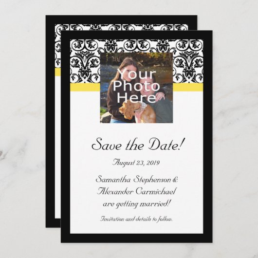 Zwarte, witte en gele Damasfoto's Opslaan datum Save The Date (Voorkant / Achterkant)