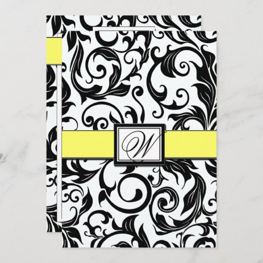 Zwarte Witte en gele Damask Wedding-uitnodigingen Kaart (Voorkant / Achterkant)