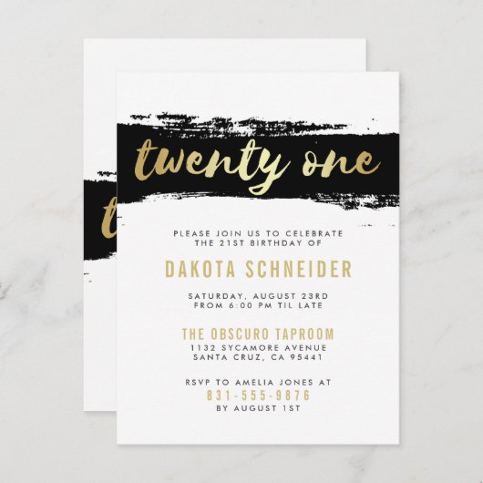 Zwarte, witte en gouden 21e verjaardag uitnodiging briefkaart (Voorkant / Achterkant)
