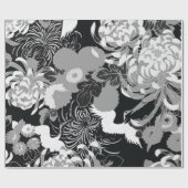 zwarte, witte en grijze bloemen en vogels cadeaupapier (Vlak)