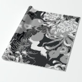 zwarte, witte en grijze bloemen en vogels cadeaupapier (Uitgerold)