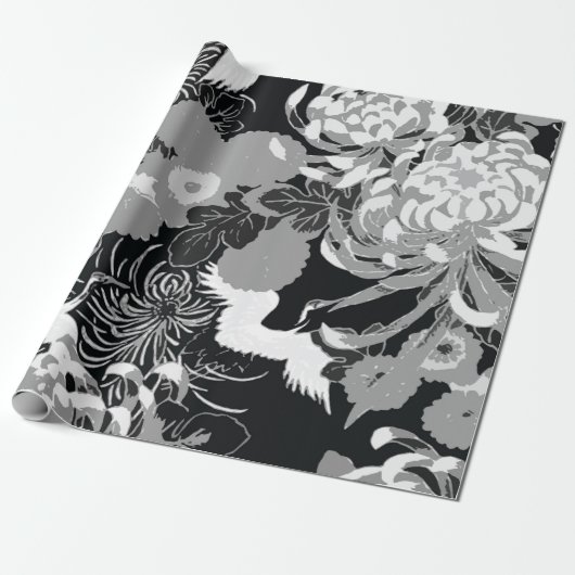 zwarte, witte en grijze bloemen en vogels cadeaupapier (Uitgerold)