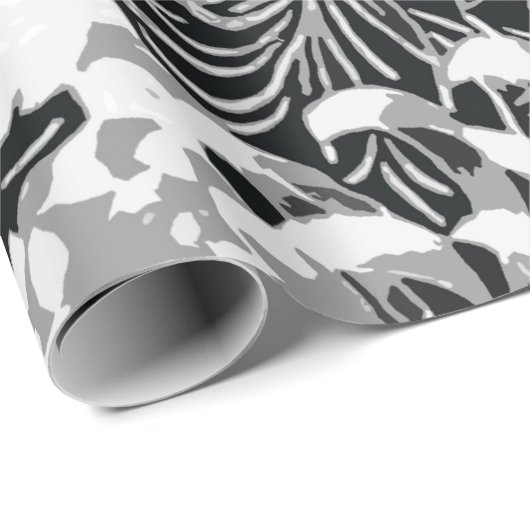 zwarte, witte en grijze bloemen en vogels cadeaupapier (Rol Hoek)