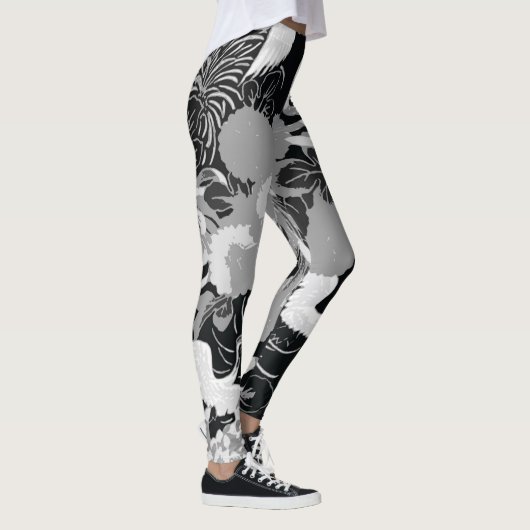 zwarte, witte en grijze bloemen en vogels leggings (Rechts)