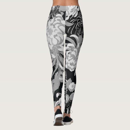 zwarte, witte en grijze bloemen en vogels leggings (Achterkant)