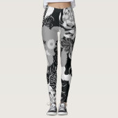 zwarte, witte en grijze bloemen en vogels leggings (Voorkant)
