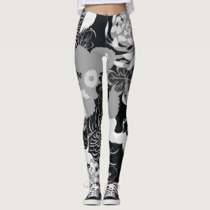 zwarte, witte en grijze bloemen en vogels leggings