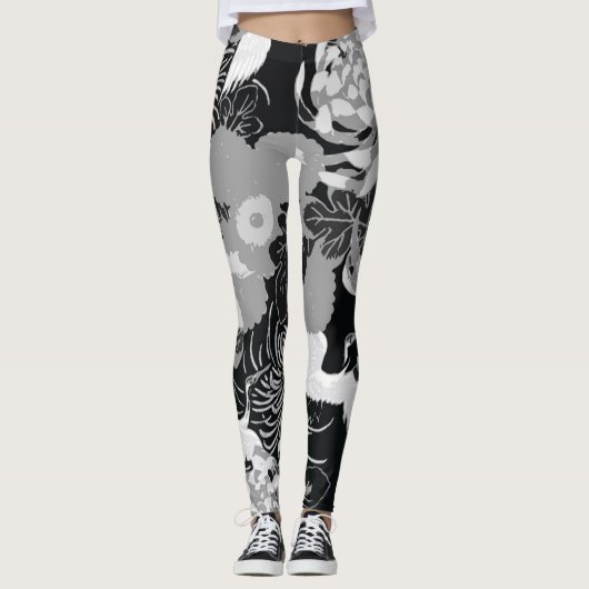 zwarte, witte en grijze bloemen en vogels leggings (Voorkant)