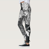 zwarte, witte en grijze bloemen en vogels leggings (Links)