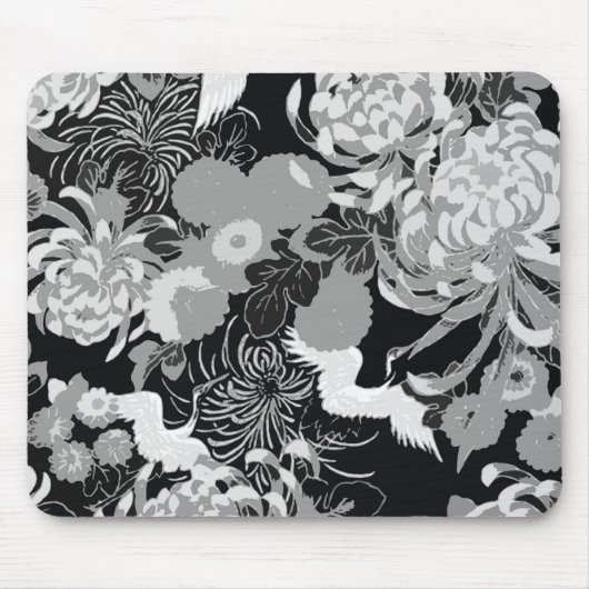  zwarte, witte en grijze bloemen en vogels muismat (Voorkant)