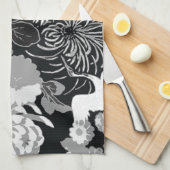 zwarte, witte en grijze bloemen en vogels theedoek (Quarter Fold)