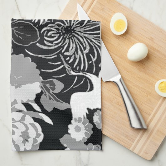  zwarte, witte en grijze bloemen en vogels theedoek (Quarter Fold)