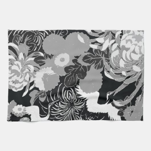  zwarte, witte en grijze bloemen en vogels theedoek (Horizontaal)