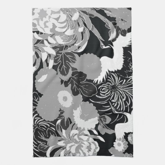 zwarte, witte en grijze bloemen en vogels theedoek (Verticaal)