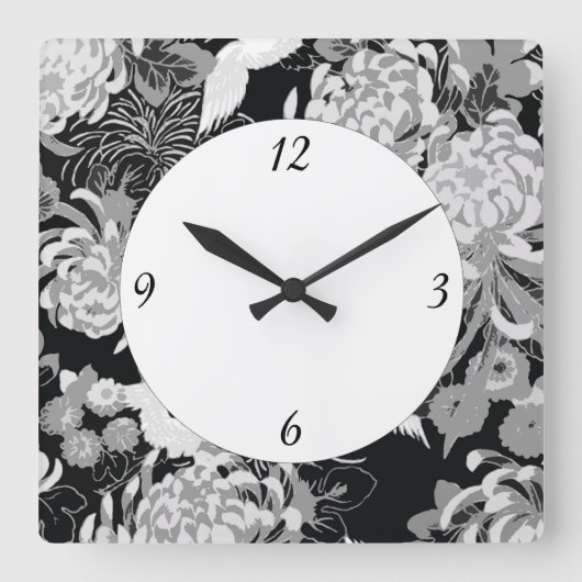  zwarte, witte en grijze bloemen en vogels vierkante klok (Voorkant)