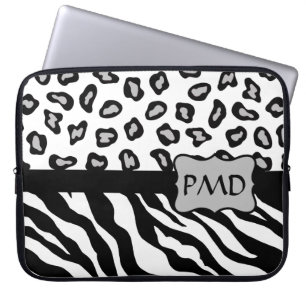 Zwarte, witte en grijze Zebra en Cheetah Skin Mono Laptop Sleeve