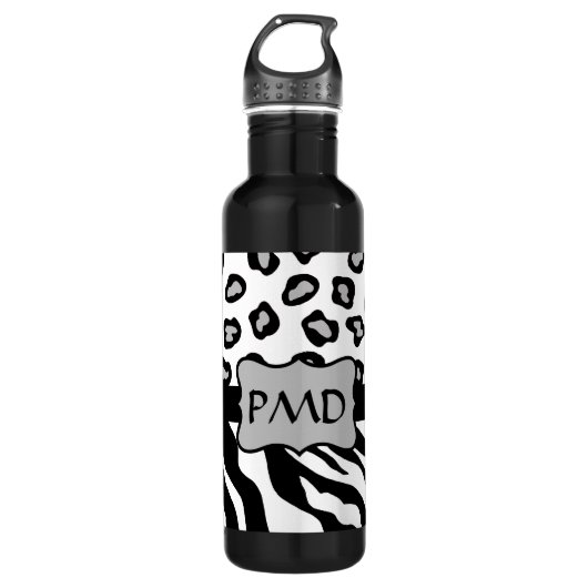 Zwarte, witte en grijze Zebra en Cheetah Skin Mono Waterfles (Voorkant)