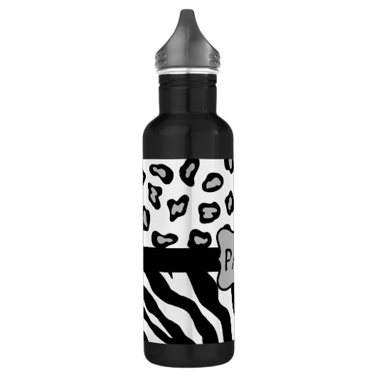 Zwarte, witte en grijze Zebra en Cheetah Skin Mono Waterfles (Links)