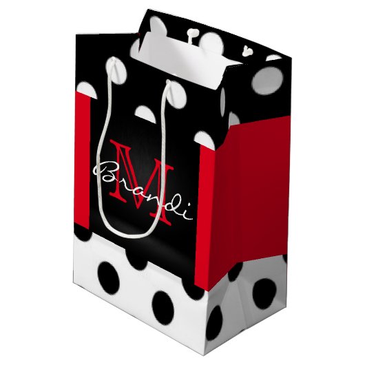 Zwarte witte en rode pokkendots en monogram medium cadeauzakje (Achterkant Gekanteld)