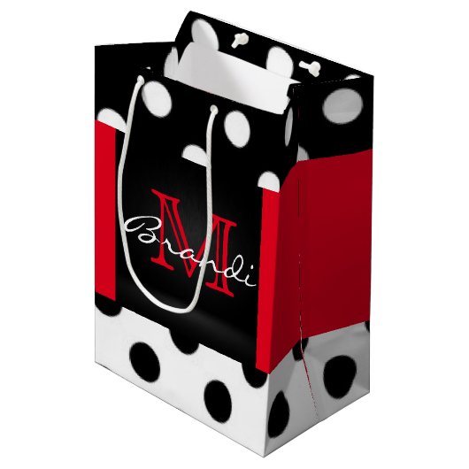 Zwarte witte en rode pokkendots en monogram medium cadeauzakje (Voorkant Gekanteld)