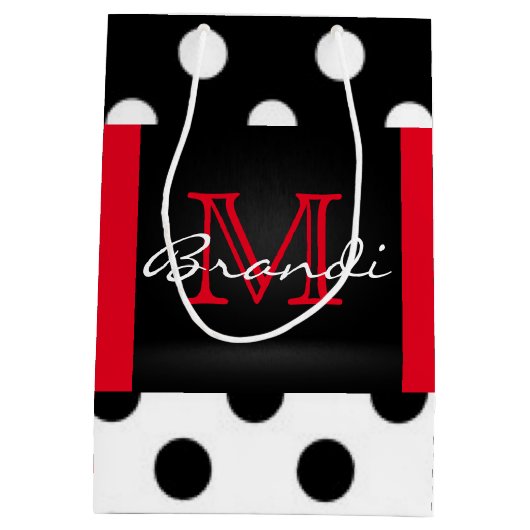 Zwarte witte en rode pokkendots en monogram medium cadeauzakje (Achterkant)