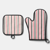 Zwarte, witte en rode verticale strepen ovenwant & pannenlap set (Voorkant)