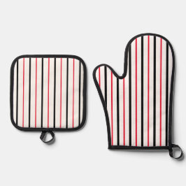 Zwarte, witte en rode verticale strepen ovenwant & pannenlap set