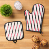 Zwarte, witte en rode verticale strepen ovenwant & pannenlap set (Top down)