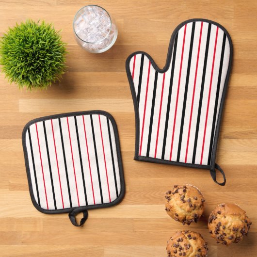 Zwarte, witte en rode verticale strepen ovenwant & pannenlap set (Top down)