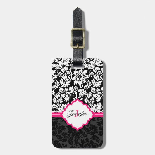 Zwarte witte en roze  Floral Damaskers Bagagelabel (Voorkant verticaal)