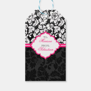 Zwarte witte en roze  Floral Damaskers Cadeaulabel
