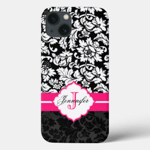 Zwarte witte en roze  Floral Damaskers iPhone 13 Hoesje