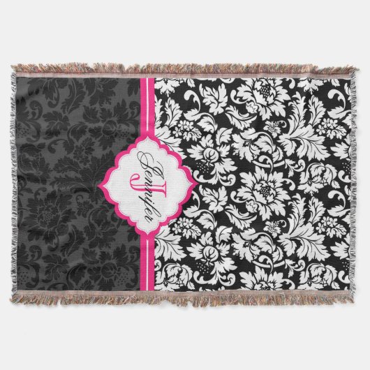 Zwarte witte en roze  Floral Damaskers Deken (Voorkant)