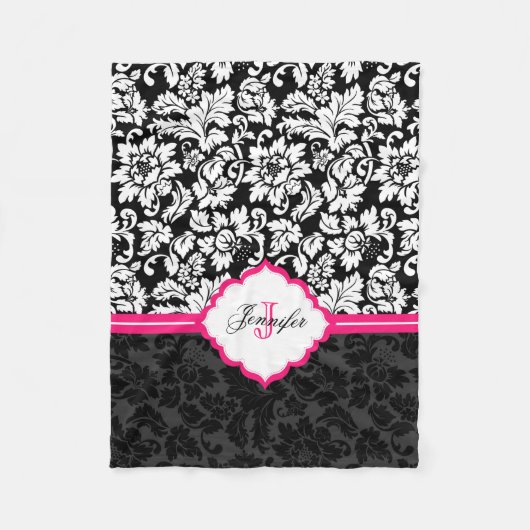 Zwarte witte en roze  Floral Damaskers Fleece Deken (Voorkant)