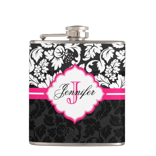 Zwarte witte en roze  Floral Damaskers Heupfles (Voorkant)