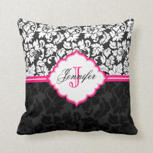 Zwarte witte en roze  Floral Damaskers Kussen