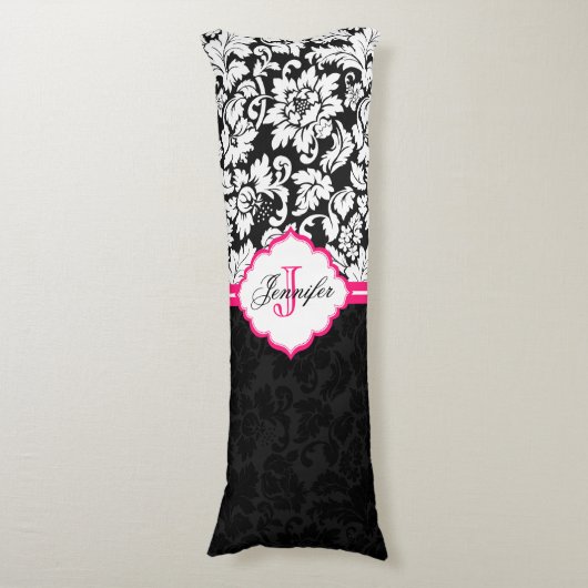 Zwarte witte en roze  Floral Damaskers Lichaamskussen (Voorkant Verticaal)