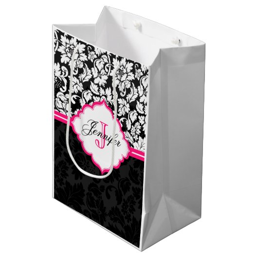 Zwarte witte en roze  Floral Damaskers Medium Cadeauzakje (Voorkant Gekanteld)
