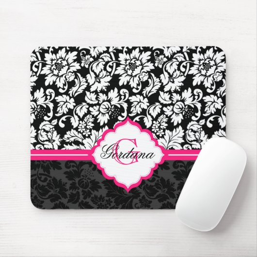 Zwarte witte en roze  Floral Damaskers Muismat (Met muis)