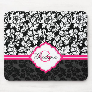 Zwarte witte en roze  Floral Damaskers Muismat