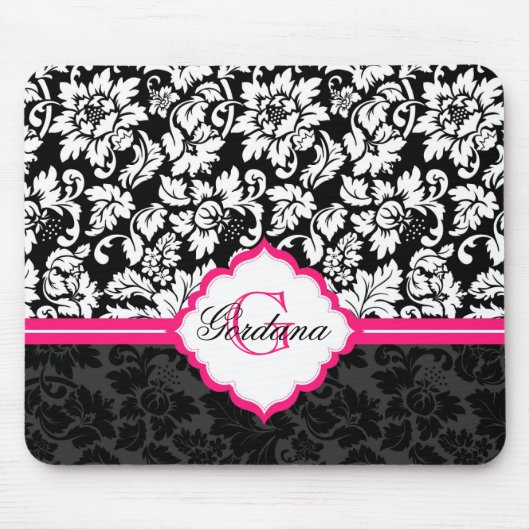 Zwarte witte en roze  Floral Damaskers Muismat (Voorkant)